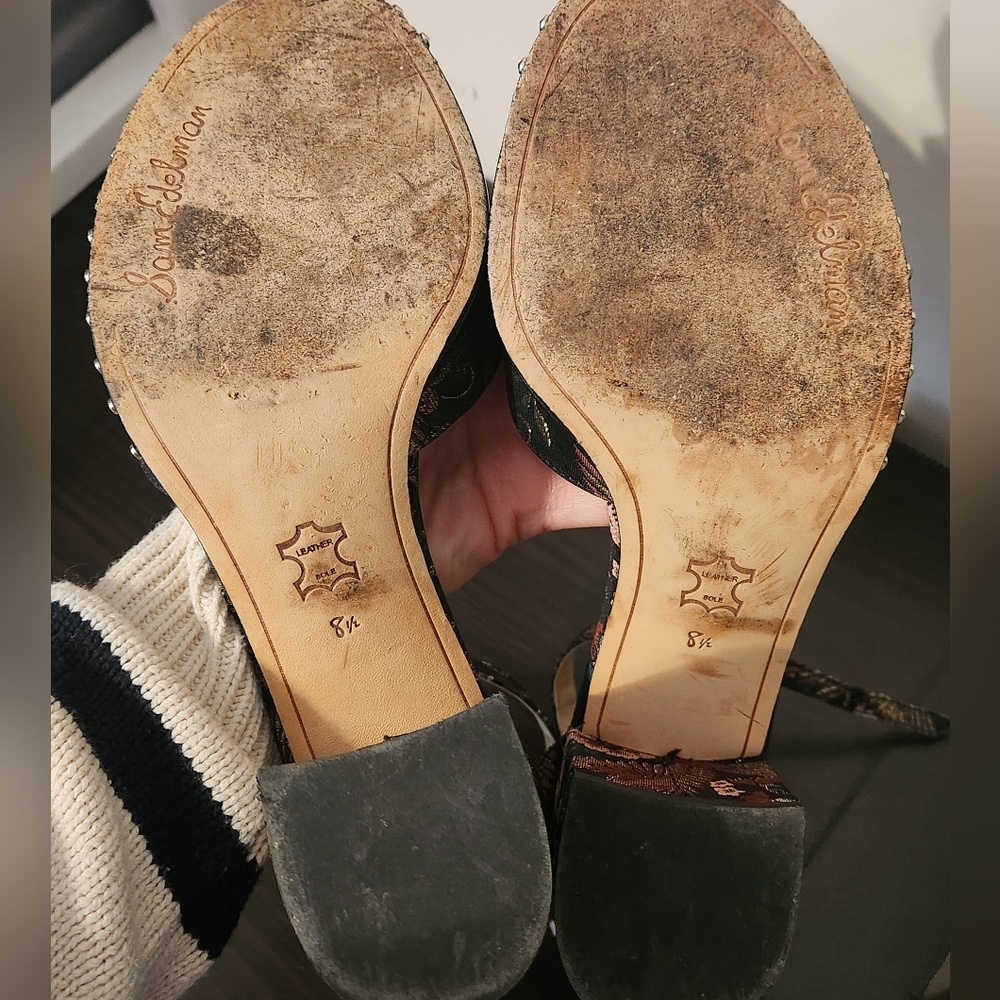 Sam Edelman Brocade Susie Floral Bird Print Strap Heel Black, Pink, and Blue 8.5 - Picture 7 of 7